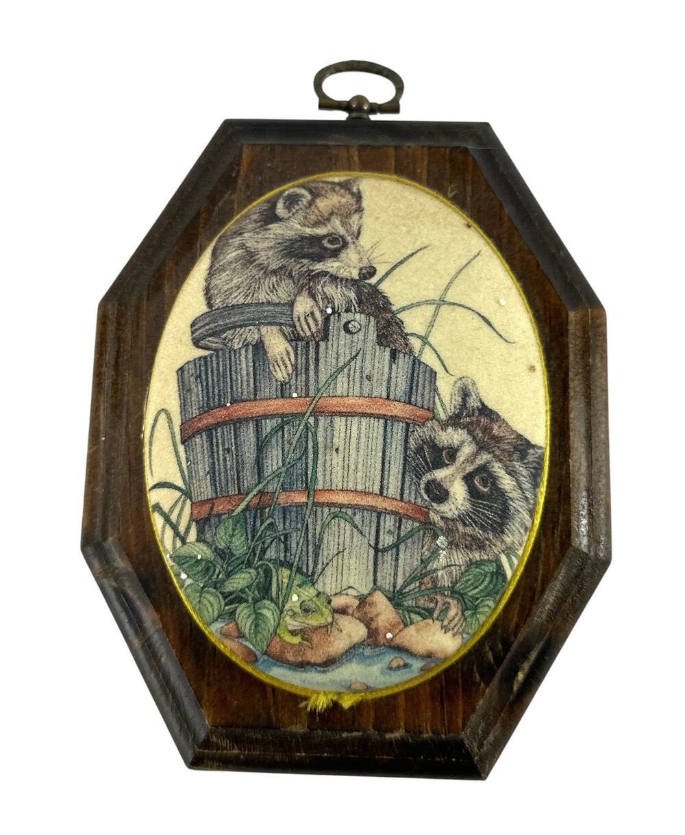 Vintage Handmade Raccoon Wall Plaque Fabric Art Wood Hanging Woodland Decor